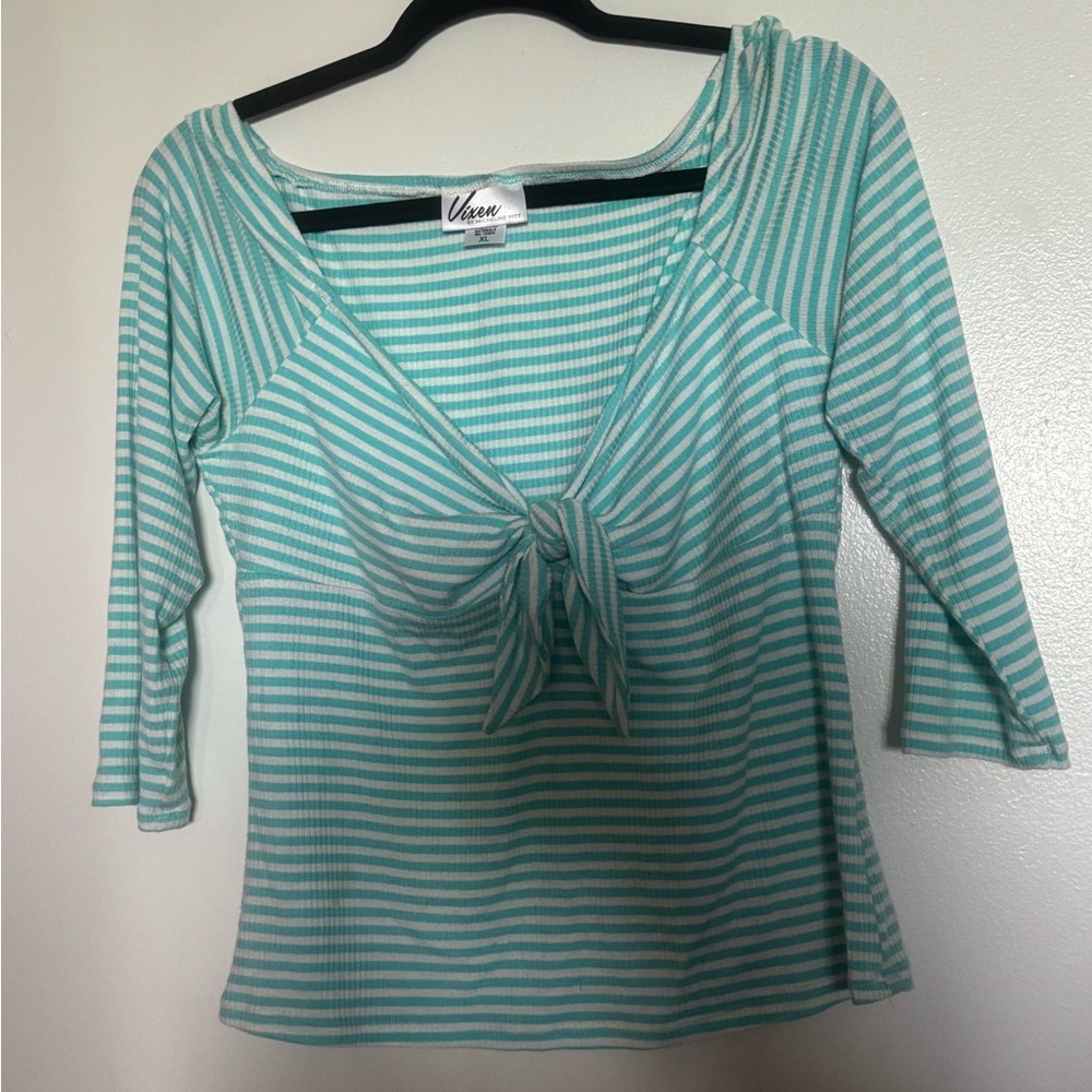 💚 Vixen by Micheline Pitt “Tie Me Up” Top - XL Mint Stripe 💚 - Picture 2 of 3